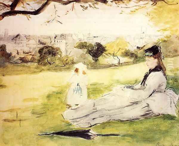 Woman And Child Seated In A Meadow Oil Painting by Berthe Morisot