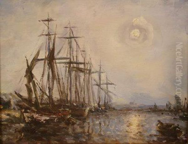 Moonlight Harbour With Moored Oil Painting by Frank Myers Boggs