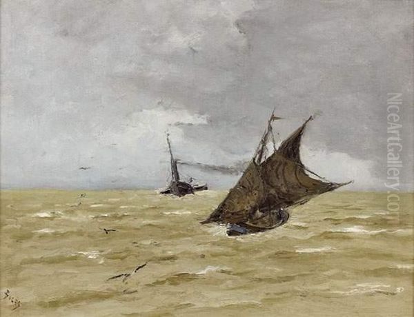 Barque De Peche Voiles Deployees Croisant Par Tribord Un Bateau A Aubes, Circa 1890 Oil Painting by Frank Myers Boggs