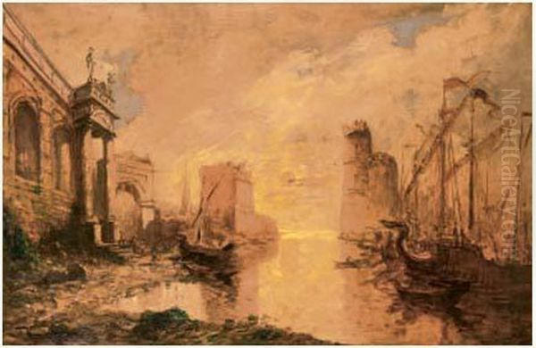 Port Et Voiliers Au Soleil Couchant, Hommage A Claude Le Lorrain Oil Painting by Frank Myers Boggs