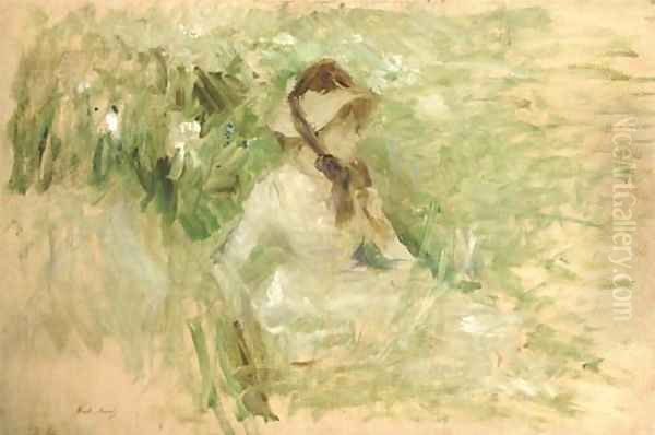 Jeune femme assise dans l'herbe Oil Painting by Berthe Morisot