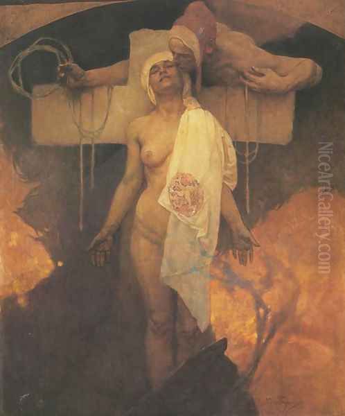 France Embraces Bohemia. c. 1918 Oil Painting by Alphonse Maria Mucha