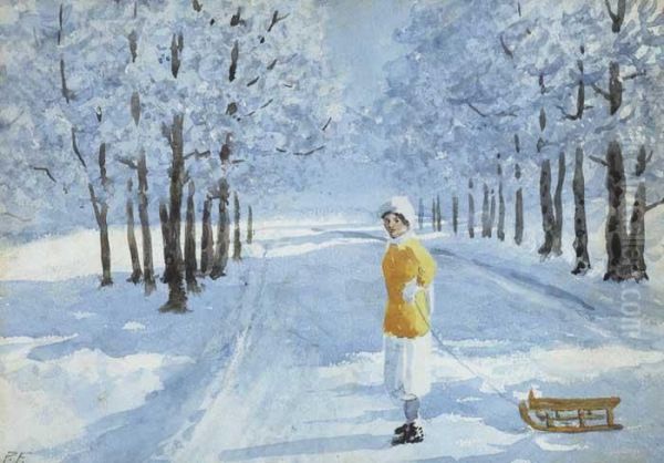 Girl With Toboggan Oil Painting by William Percy French