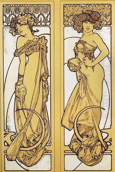 Two Standing Women. Design for Documents décoratifs. Plate 45. 1902 Oil Painting by Alphonse Maria Mucha