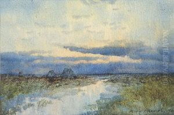 Bogland Pool With Turf Stacks At Sunset Oil Painting by William Percy French