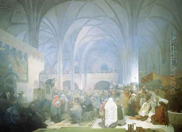 Master Jan Hus Preaching at the Bethlehem Chapel. 1916 Oil Painting by Alphonse Maria Mucha