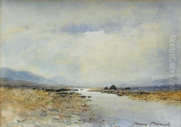 A Bogland River With Turf Stacks In Distance Oil Painting by William Percy French