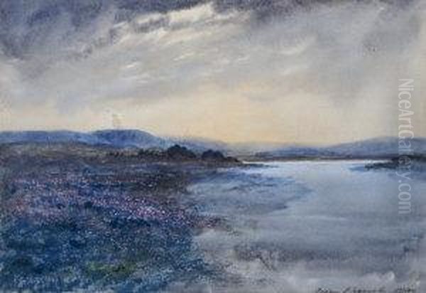 Dusk Falling Over A Western Lake Landscape With Heather Bog Oil Painting by William Percy French