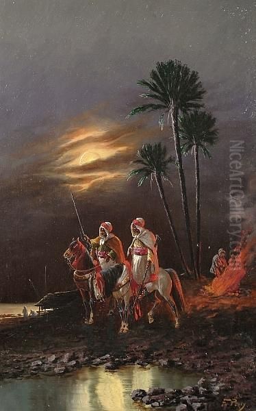 Arab Horsemen At Night Oil Painting by William Percy French