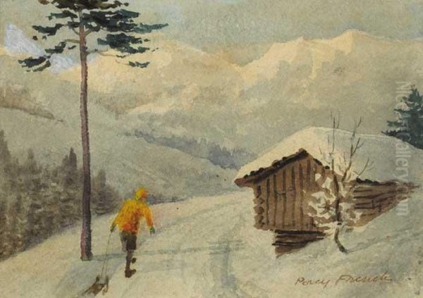 Swiss Alpine Scene With Figure Pulling Sled Oil Painting by William Percy French