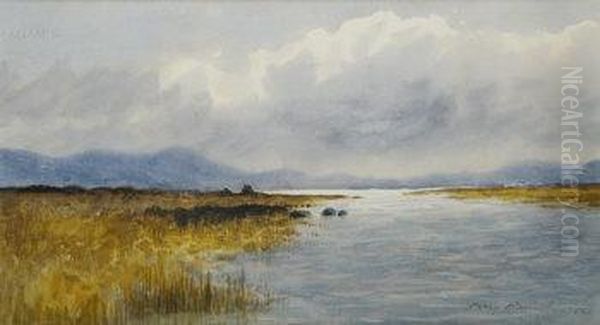 Connemara Lake With Turfstacks Oil Painting by William Percy French