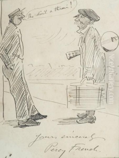 Self Portrait Showing Percy French With His Suitcase & Banjo And A Railway Man Oil Painting by William Percy French