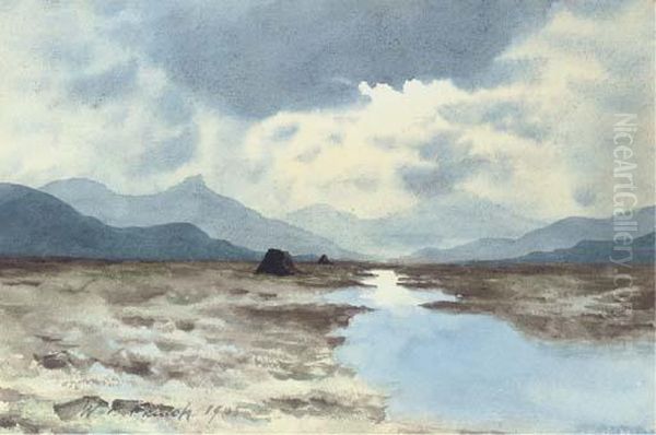 A Flooded Peat Bog With Mountains In The Distance, Connemara Oil Painting by William Percy French