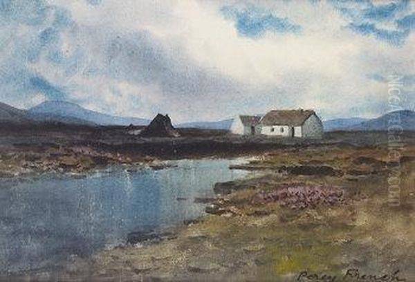 Cottage And Turf Stack In Lake And Bogland Setting Oil Painting by William Percy French