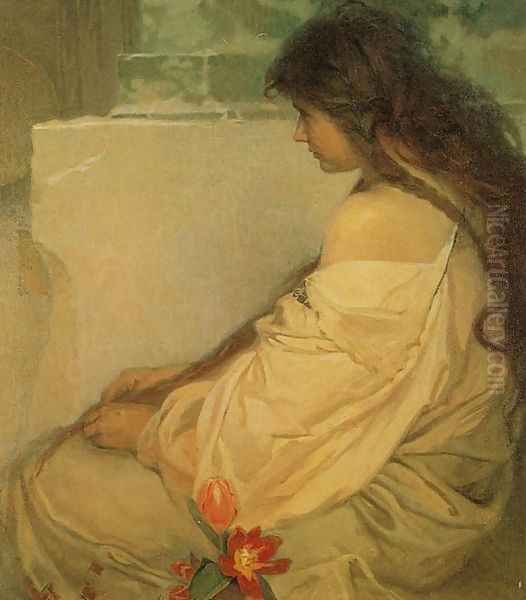 Girl with Loose Hair and Tulips. 1920 Oil Painting by Alphonse Maria Mucha