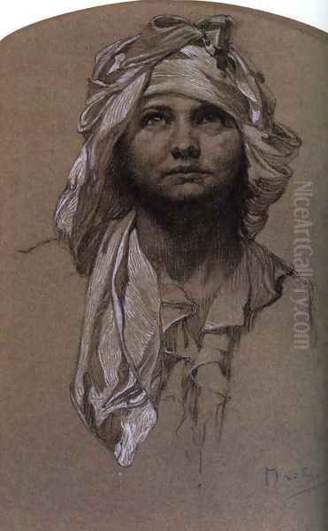 Head Of A Girl Oil Painting by Alphonse Maria Mucha