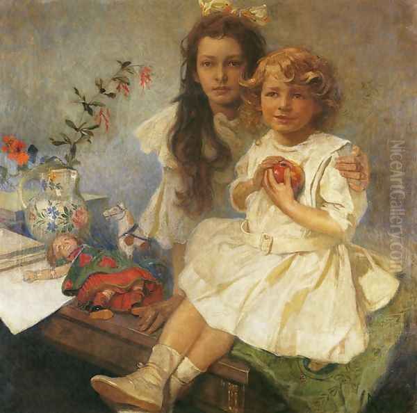 Jaroslava and Jiri - The Artist's Children. 1919 Oil Painting by Alphonse Maria Mucha