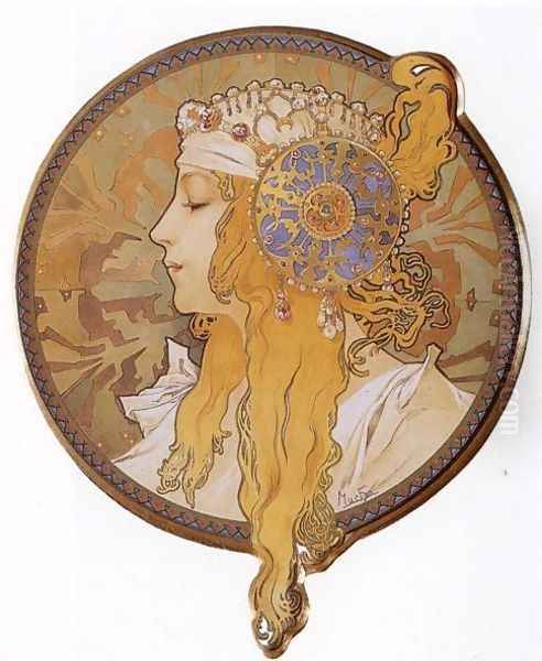 Byzantine Head: The Blonde. 1897 Oil Painting by Alphonse Maria Mucha