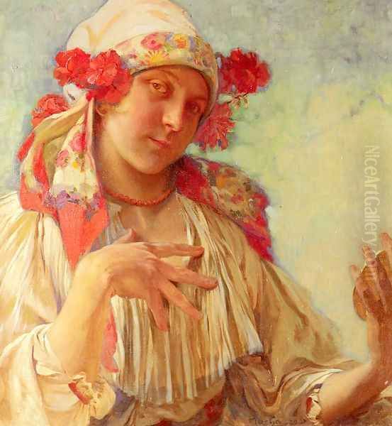 Young Girl In A Moravian Costume Oil Painting by Alphonse Maria Mucha