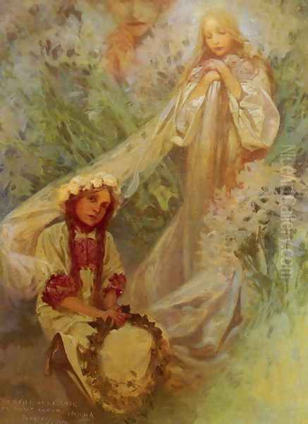 Madonna Of The Lilies Oil Painting by Alphonse Maria Mucha