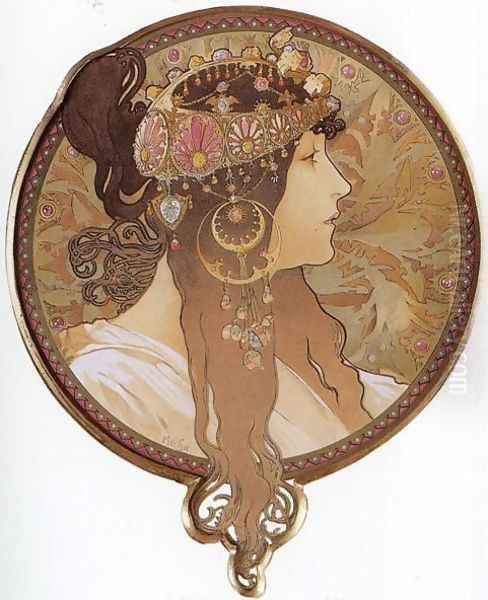 Byzantine Head: The Brunette. 1897 Oil Painting by Alphonse Maria Mucha