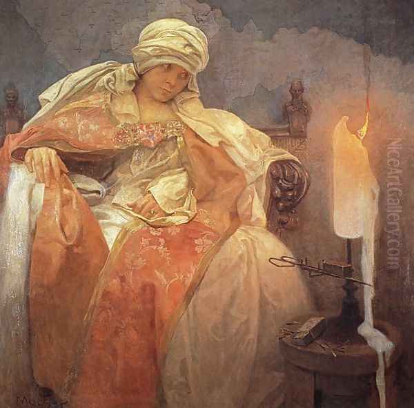 Woman with a Burning Candle, 1933 Oil Painting by Alphonse Maria Mucha