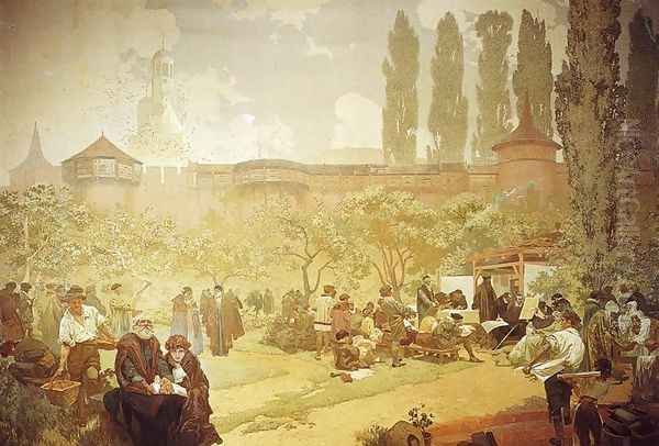 The Printing of the Bible of Kralice in Ivancice, 1914 Oil Painting by Alphonse Maria Mucha