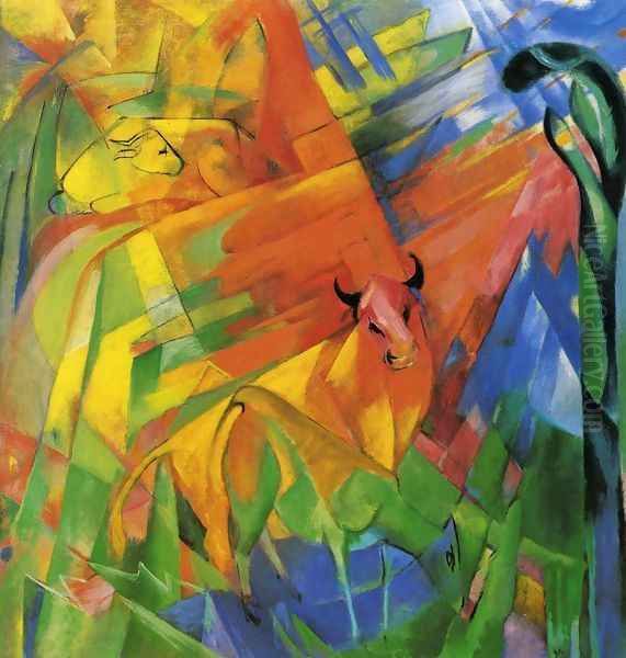 Animals In Landscape Aka Painting With Bulls Oil Painting by Franz Marc