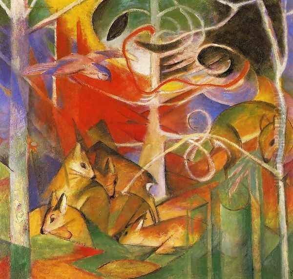 Deer In The Forest Oil Painting by Franz Marc