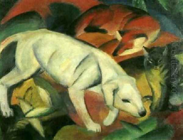 A Dog, a Fox and a Cat Oil Painting by Franz Marc