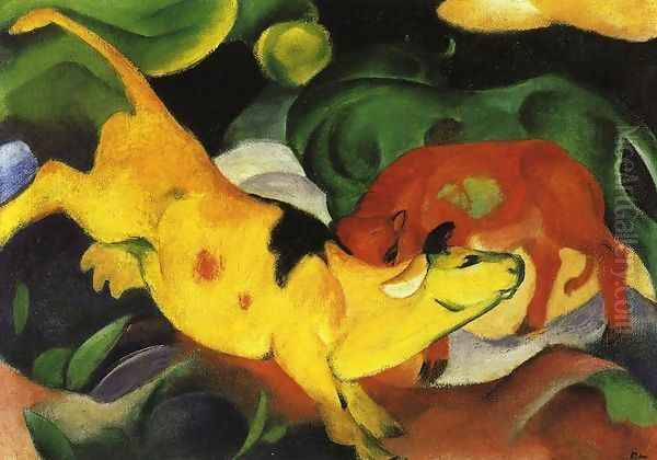 Cows Yellow Red Green Oil Painting by Franz Marc