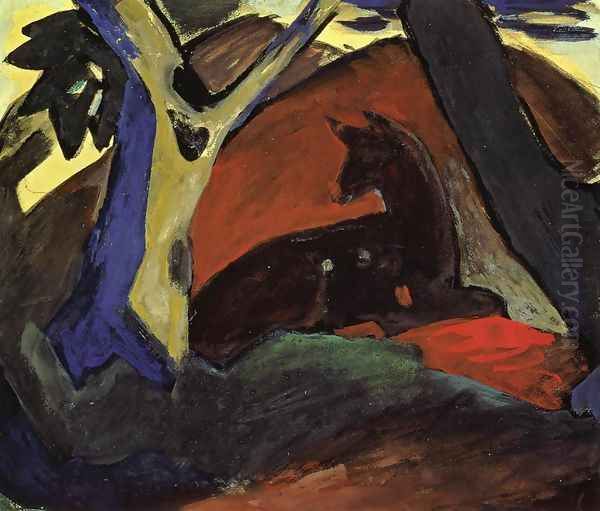 Crouching Deer Oil Painting by Franz Marc