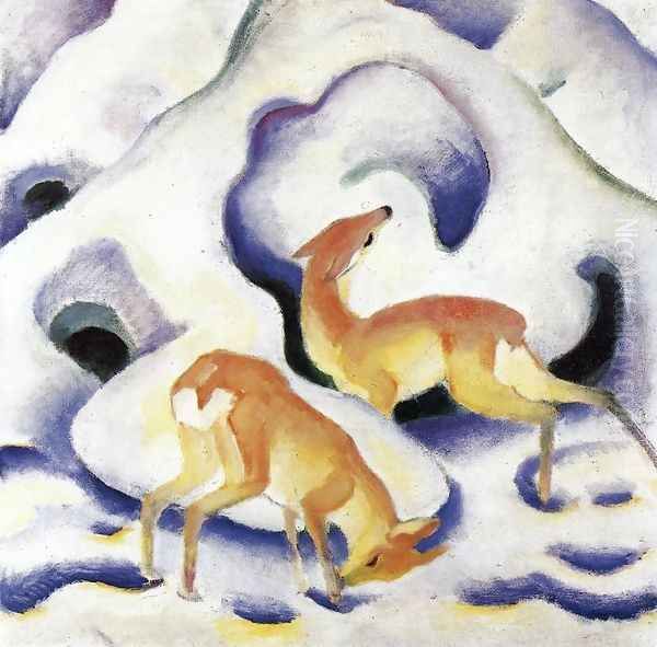 Deer In The Snow Oil Painting by Franz Marc