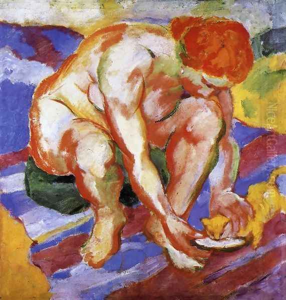 Nude With Cat Oil Painting by Franz Marc