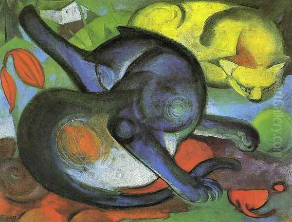 Two Cats Blue And Yellow Oil Painting by Franz Marc