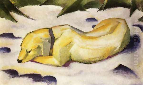 Dog Lying In The Snow Oil Painting by Franz Marc