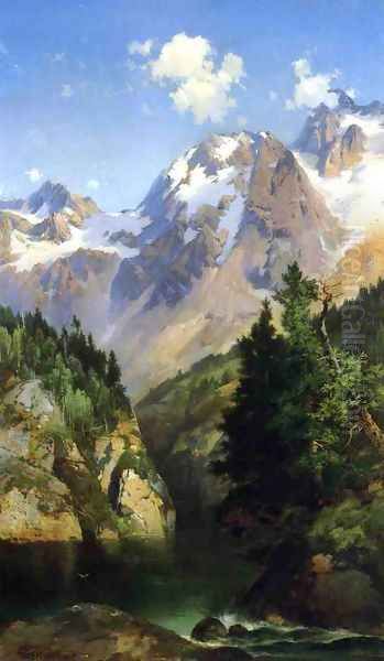 A Rocky Mountain Peak Idaho Territory Oil Painting by Thomas Moran