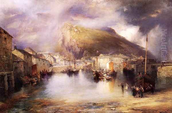 An English Fishing Village Polperro Cornwall Oil Painting by Thomas Moran