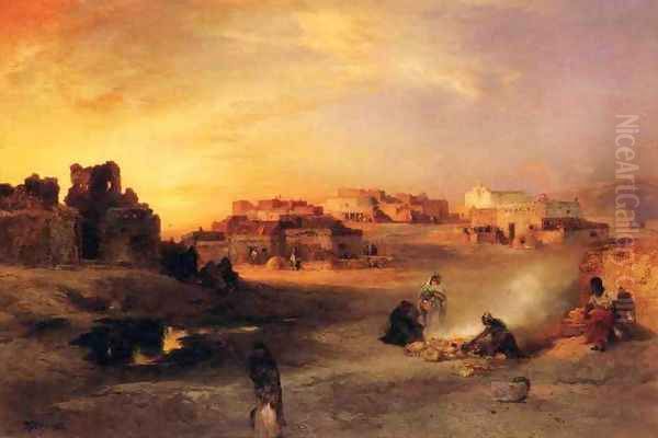 Indian Pueblo, Laguna, New Mexico Oil Painting by Thomas Moran