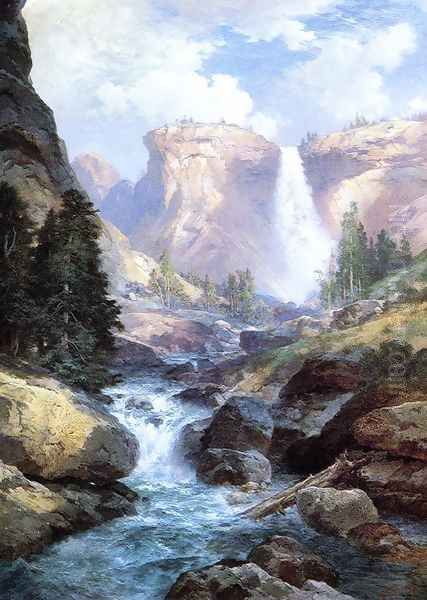 Waterfall In Yosemite Oil Painting by Thomas Moran