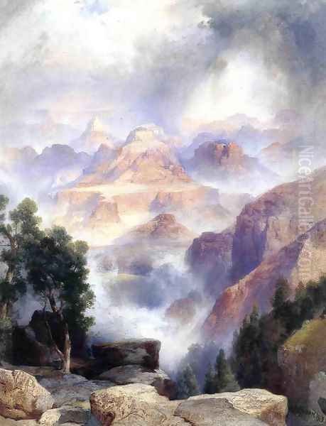 A Showrey Day Grand Canyon Oil Painting by Thomas Moran