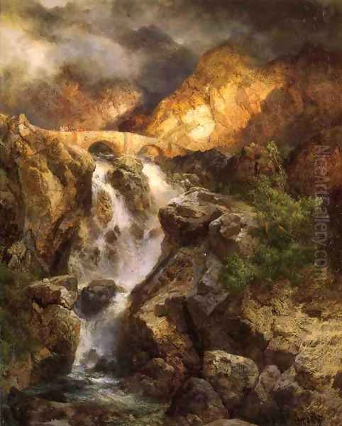 Cascading Water Oil Painting by Thomas Moran