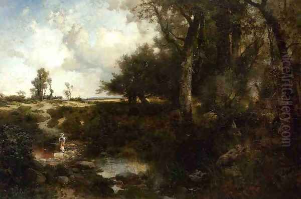 Crossing The Brook Near Plainfield New Jersey Oil Painting by Thomas Moran