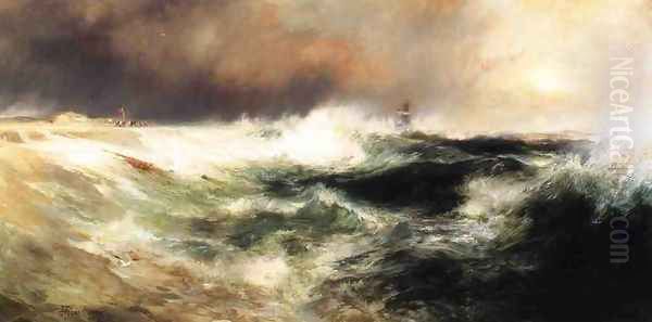 Stranded Ship on East Hampton Beach Oil Painting by Thomas Moran