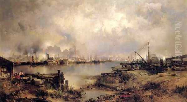 Lower Manhattan from Communipaw, New Jersey Oil Painting by Thomas Moran