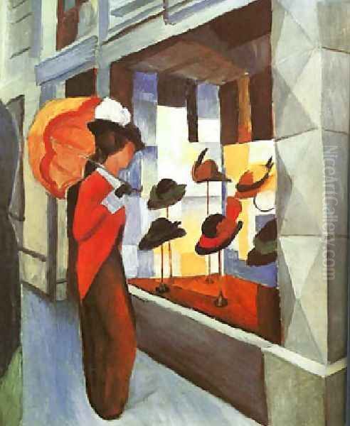 Before The Hat Shop Oil Painting by August Macke