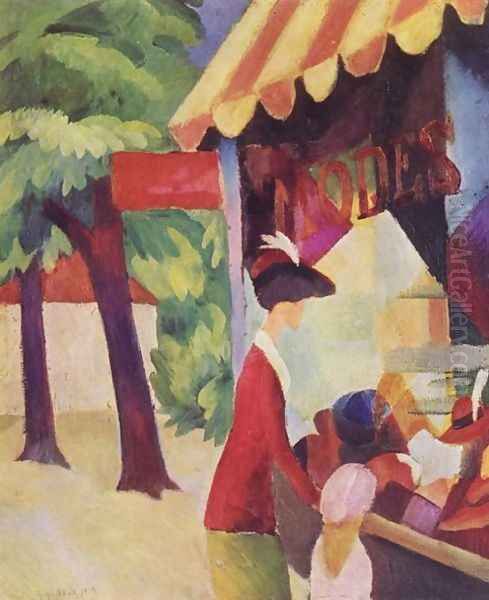 A Woman With Red Jacket And Child Before The Hat Store Oil Painting by August Macke