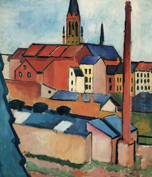 Houses With A Chimney Oil Painting by August Macke