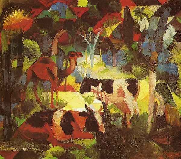 Landscape With Cows And Camel Oil Painting by August Macke