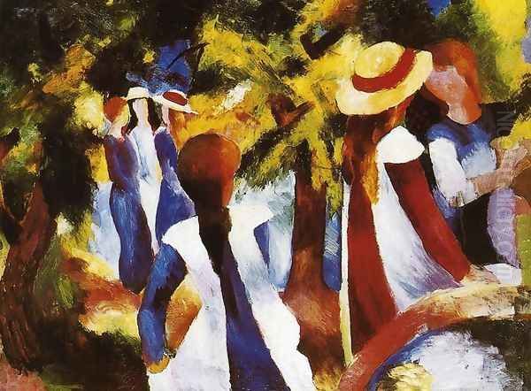 Girls In The Forest Oil Painting by August Macke